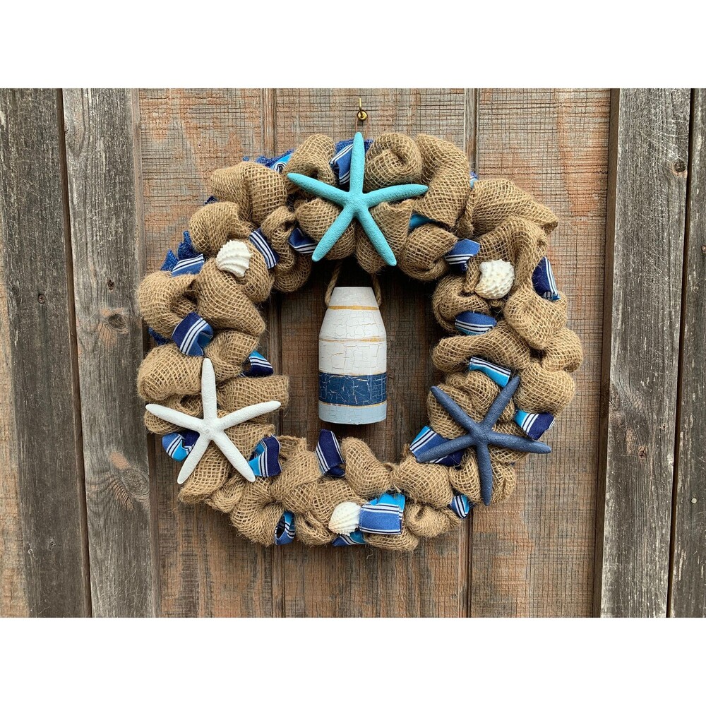 Coastal Nautical Natural Ruffled 18" Burlap Bouy, Starfish, Shell Wreath - New